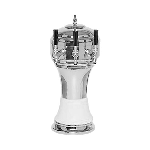 A Micro Matic Zeus Chrome and White beer dispenser tower with silver faucets and black handles.