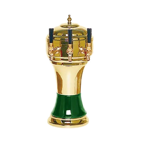 A Micro Matic brass and green Kool-Rite beer dispenser with black tap handles.