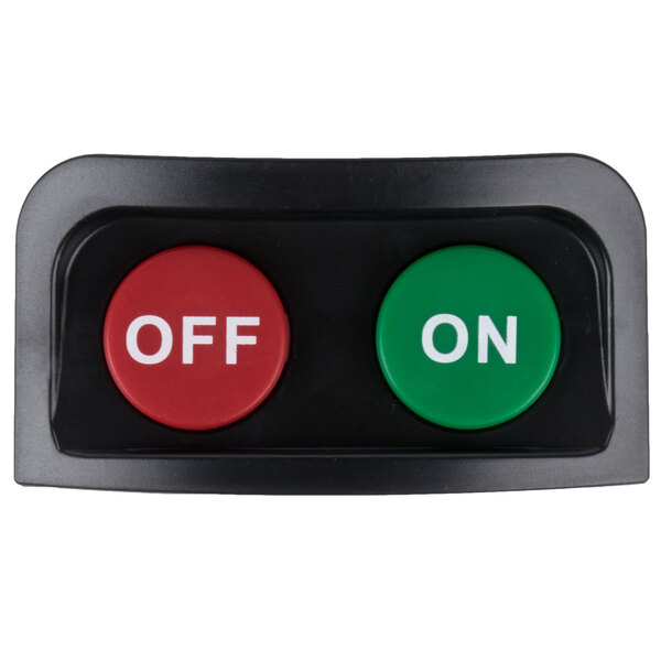 A black rectangular button with red and green buttons, white text that says "on" and "off" on the red button.