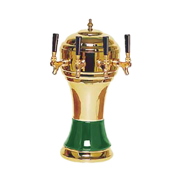 A Micro Matic Zeus brass and green beer tap tower with four taps.
