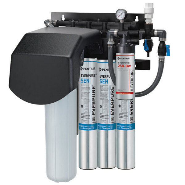 An Everpure water filtration system with four silver cylinders.