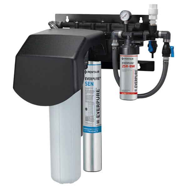 An Everpure water filter system with a black cover and white filters.