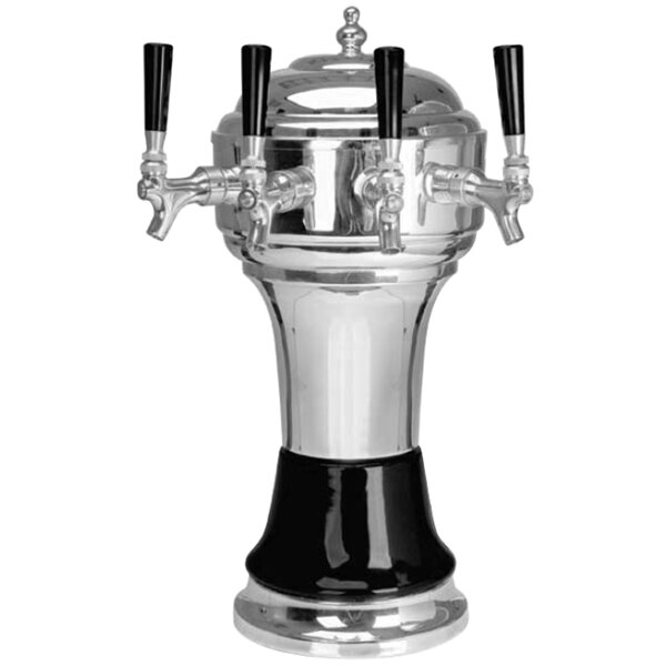 A silver and black Micro Matic Zeus Kool-Rite beer dispenser tower with four taps.