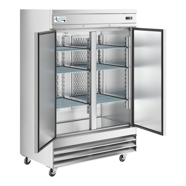 An Avantco stainless steel reach-in freezer with two solid doors.