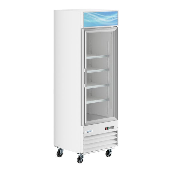 A white glass door merchandiser freezer with adjustable shelves, LED lighting, and caster wheels.