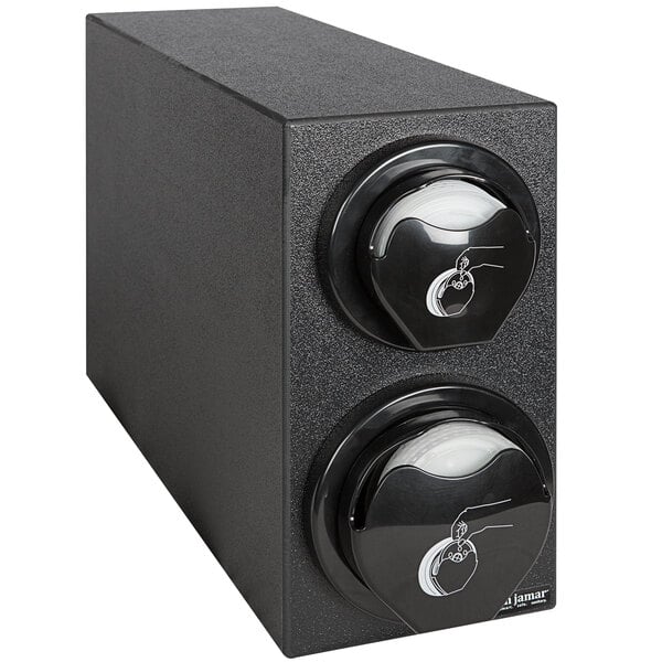 San Jamar L2912BK EZ-Fit® Black 2-Slot Vertical Countertop Lid Dispenser Cabinet with 1 8-24 oz. Lid Slot and 1 24-46 oz. Lid Slot