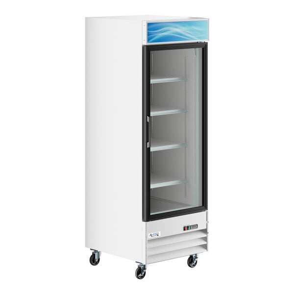 A white glass door merchandiser refrigerator with adjustable shelves and LED lighting.