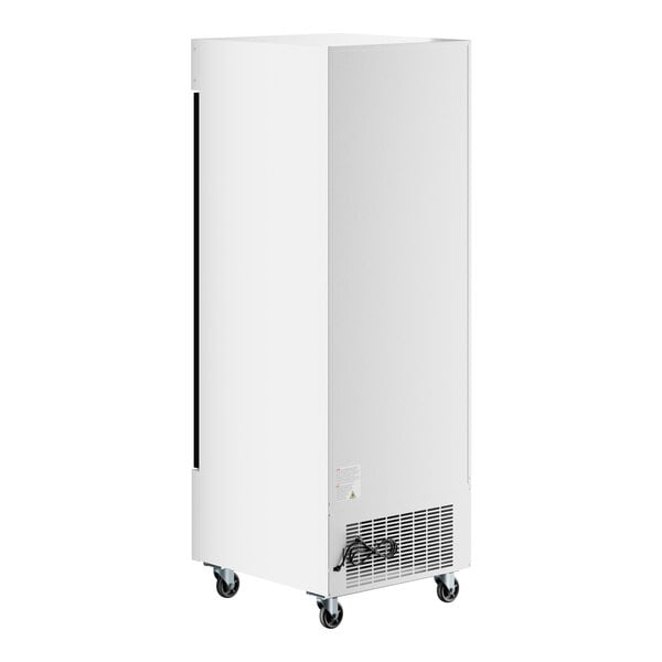A white swing glass door merchandiser refrigerator with LED lighting and caster wheels.