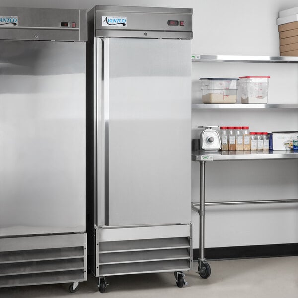 Two Avantco stainless steel reach-in refrigerators in a room.