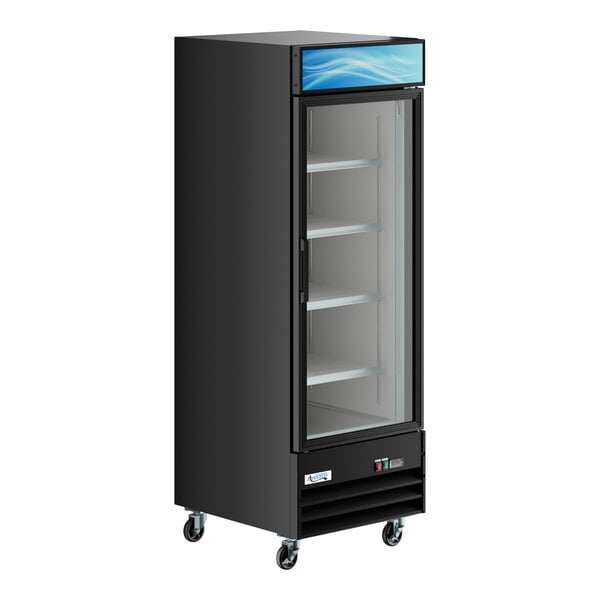 A black glass door merchandiser refrigerator with LED lighting and adjustable shelves.