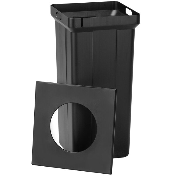 A black rectangular Commercial Zone StoneTec trash can with a round hole in the lid.