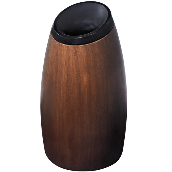 A brown Commercial Zone Garden Series trash can with a black lid.