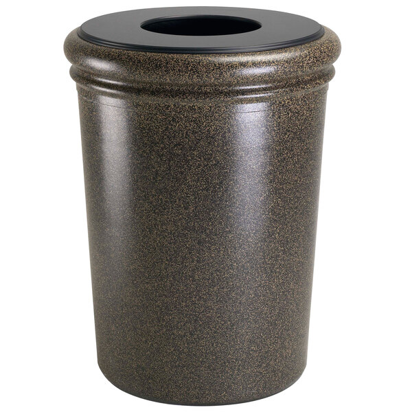 A brown Commercial Zone StoneTec trash can with a black lid.