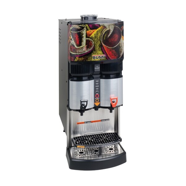 A Bunn coffee machine with a coffee dispenser adapter kit and a label on it.