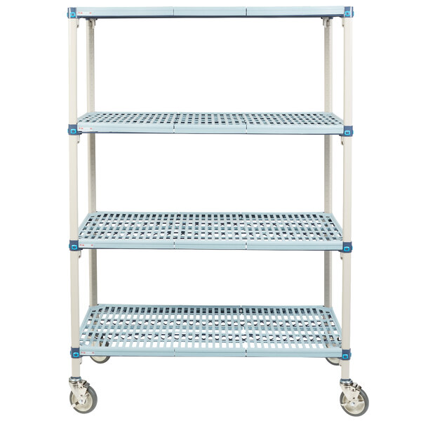 A white MetroMax shelf cart with blue polyurethane wheels.