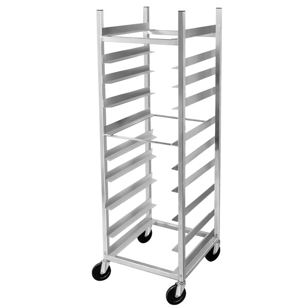 A metal Channel AXD-GRR-6 glass rack cart with shelves and black wheels.