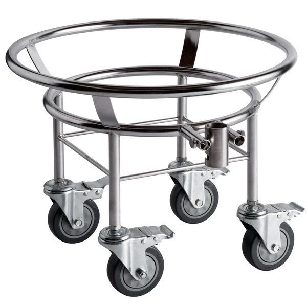 An Avantco stainless steel bowl truck with black wheels.