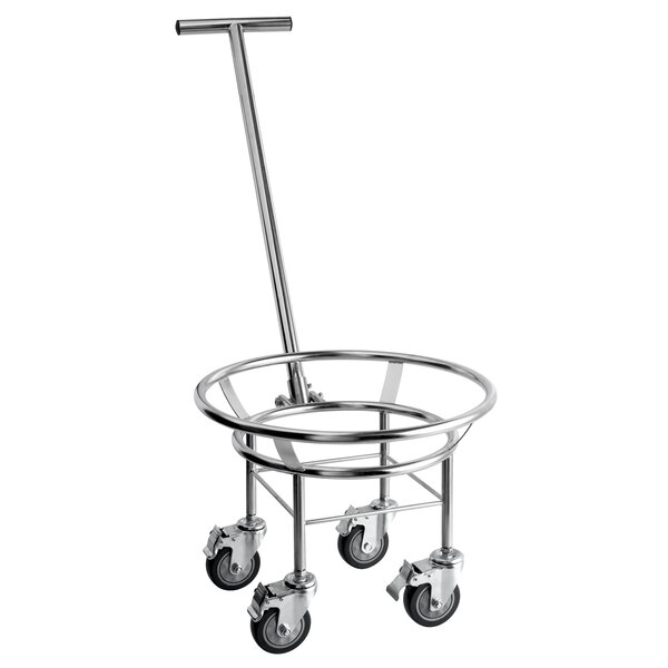 An Avantco stainless steel cart with wheels and a handle.