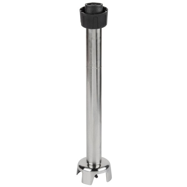 A stainless steel metal blending shaft with a black rubber stopper.