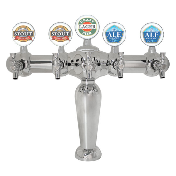 A Micro Matic chrome beer tap tower with 5 medallions above different colored beer labels.