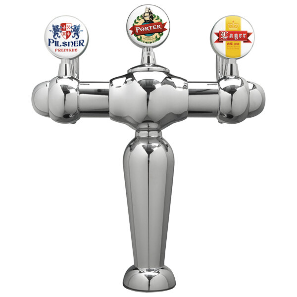 A Micro Matic chrome tap tower with three silver metal knobs.