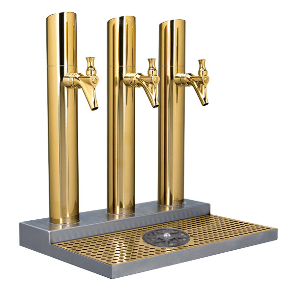 A Micro Matic brass Kool-Rite 3 tap tower with gold faucets.