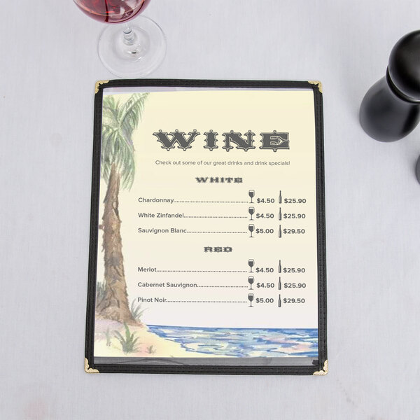 A menu with a tropical palm tree design on a table.