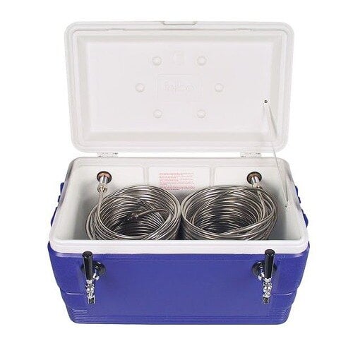 A blue rectangular Micro Matic cooler with two metal coils inside.