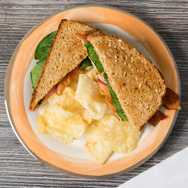 A Kanello Diamond Ivory melamine plate with a sandwich, chips, and salad on it.