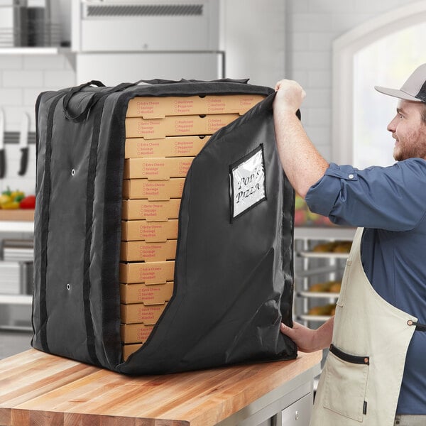 ServIt Insulated Pizza Delivery Bag, Black Soft-Sided Heavy-Duty Nylon, 20" x 20" x 26" - Holds Up To (14) 16" or 18" Pizza Boxes