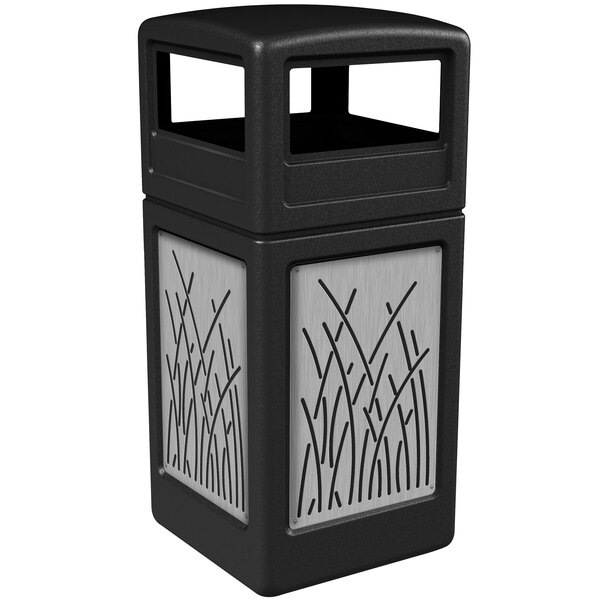 A black Commercial Zone trash receptacle with stainless steel reed panels and dome lid.