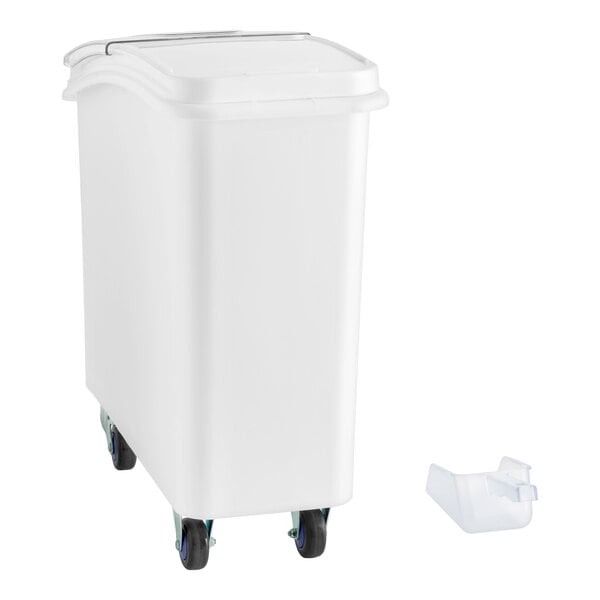 A white 21-gallon mobile ingredient storage bin with a slant top, sliding lid, wheels, and a scoop.