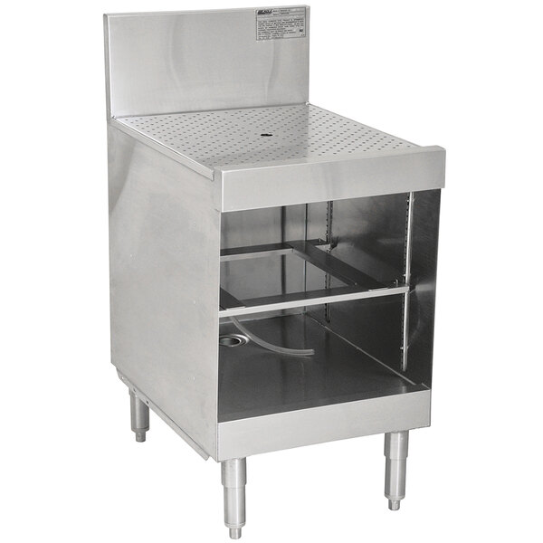 An Eagle Group Spec-Bar glass rack storage unit with a stainless steel recessed worktop and shelf.
