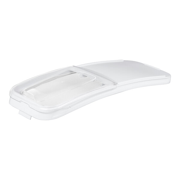 A white plastic lid with clear plastic cover.