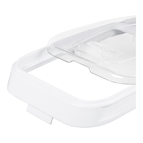 A clear plastic lid for a Baker's Lane ingredient bin.