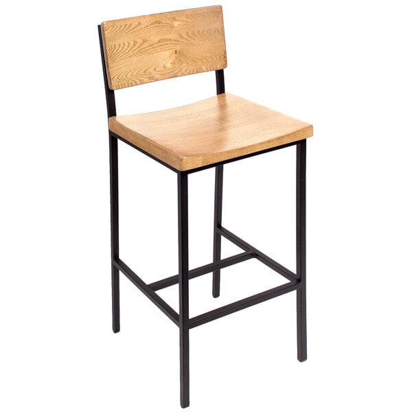 BFM Seating JS33BNTW-SB Memphis Sand Black Steel Bar Height Chair with Natural Ash Wooden Back and Seat