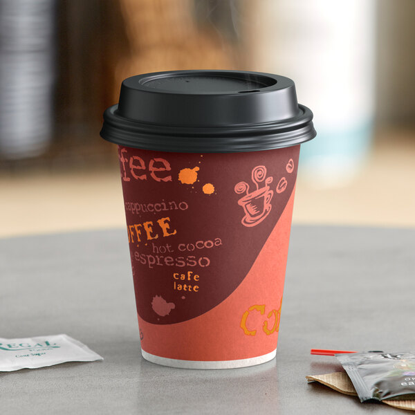 Choice 12 oz. Coffee Print Poly Paper Hot Cup and Lid - 100/Pack