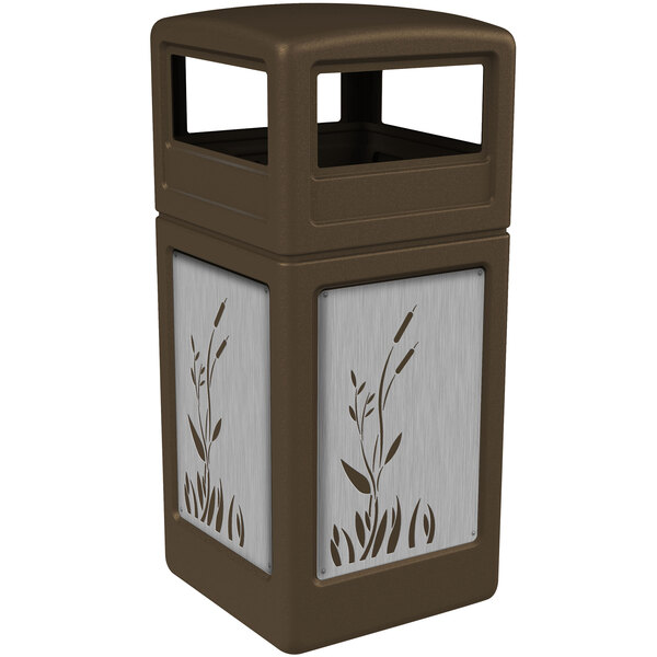 A brown Commercial Zone trash receptacle with stainless steel cattail panels.