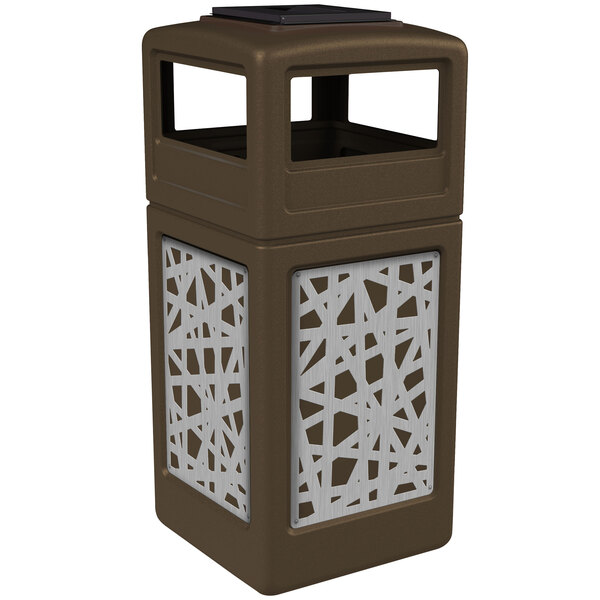 A brown and silver Commercial Zone trash receptacle with intermingle panels.
