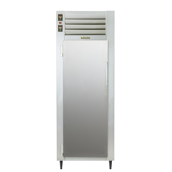 A Traulsen stainless steel reach-in refrigerator with a white door and black handle.