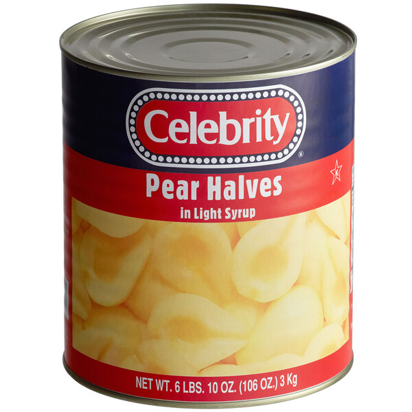 A #10 can of Celebrity Pear Halves in light syrup on a grocery store shelf.