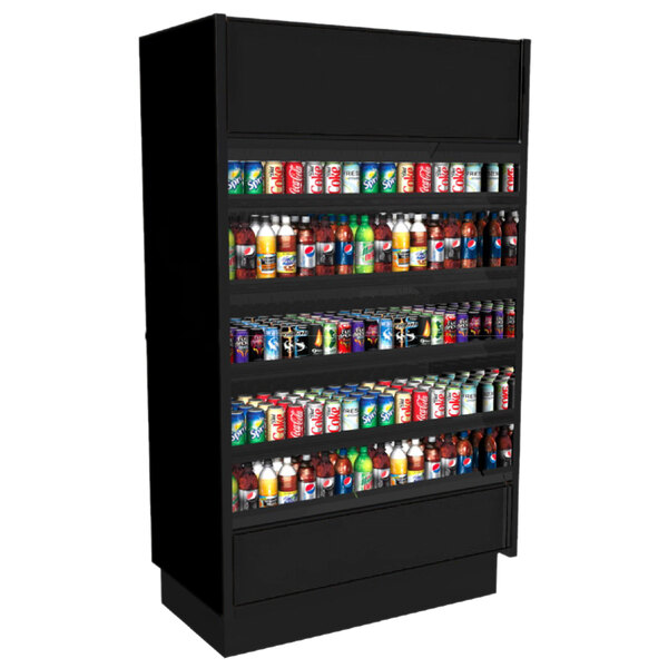 A black Structural Concepts air curtain merchandiser shelf full of soda cans.
