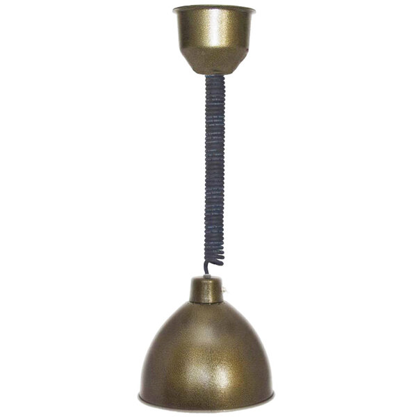 A Hanson Heat Lamps ceiling mount heat lamp with a brass finish and black cord.