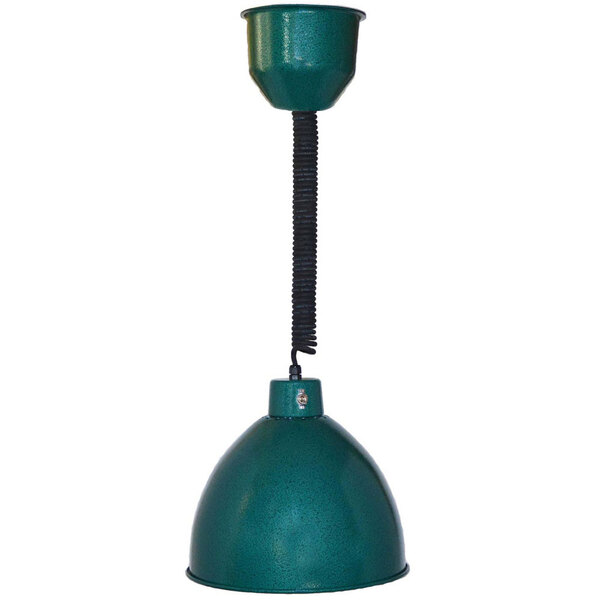 A green Hanson Heat Lamp hanging from a black cord.