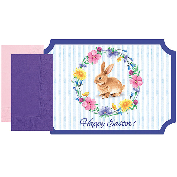 A purple and white rectangular card with a rabbit in a wreath of flowers sitting on a blue and white striped background.