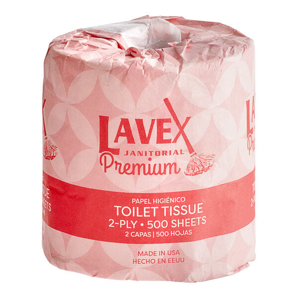 Lavex Premium 4 x 4 1/2 Individually Wrapped 2-Ply Standard 500 Sheet  Toilet Paper Roll - 96/Case