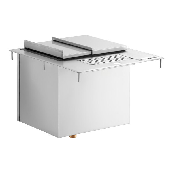 A stainless steel rectangular unit with a flat top, sliding cover, perforated section, and side flanges, likely designed for installation into a counter.