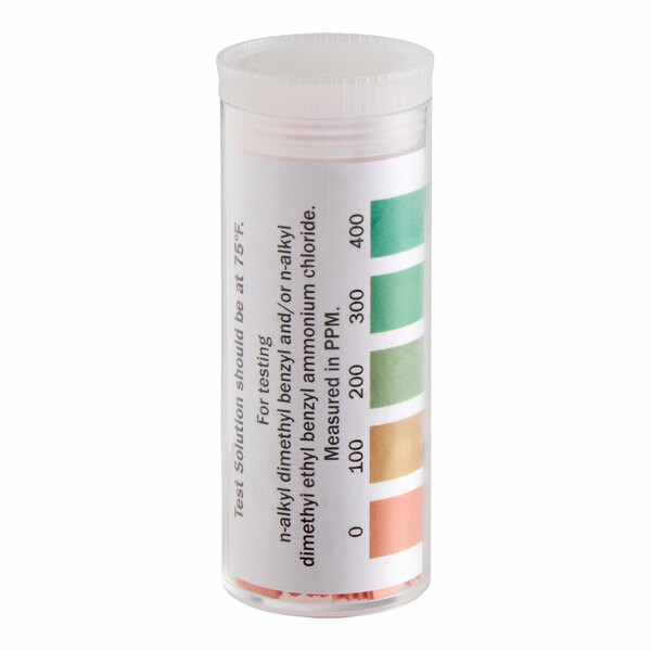 A vial containing 100 Noble QT-10 quaternary test strips for measuring sanitizer concentration.