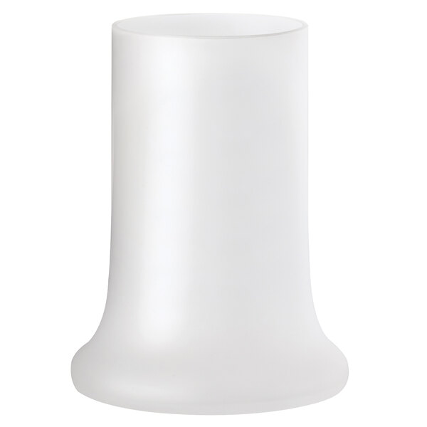 A white cylindrical glass candle holder with a white background.