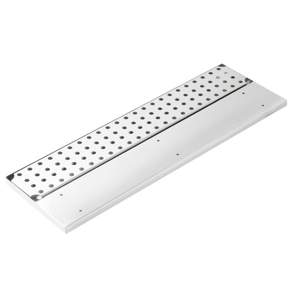 A white rectangular stainless steel drink rail with holes.